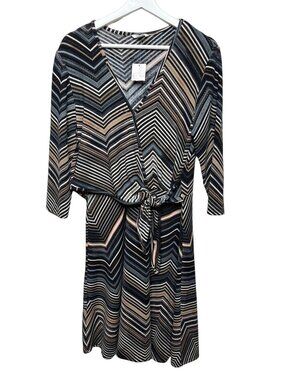 Cato Womens Large Chevron Dress Brown Blue V Neck Tie Waist